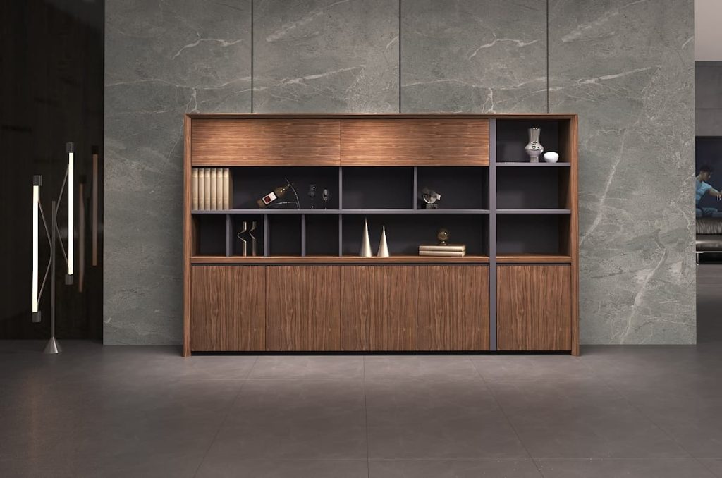 ミンシーシリーズ ブックケース ファイルキャビネット 輸入天然小山紋クルミ木皮 上思華林e0級高密度板 華潤pu塗料
